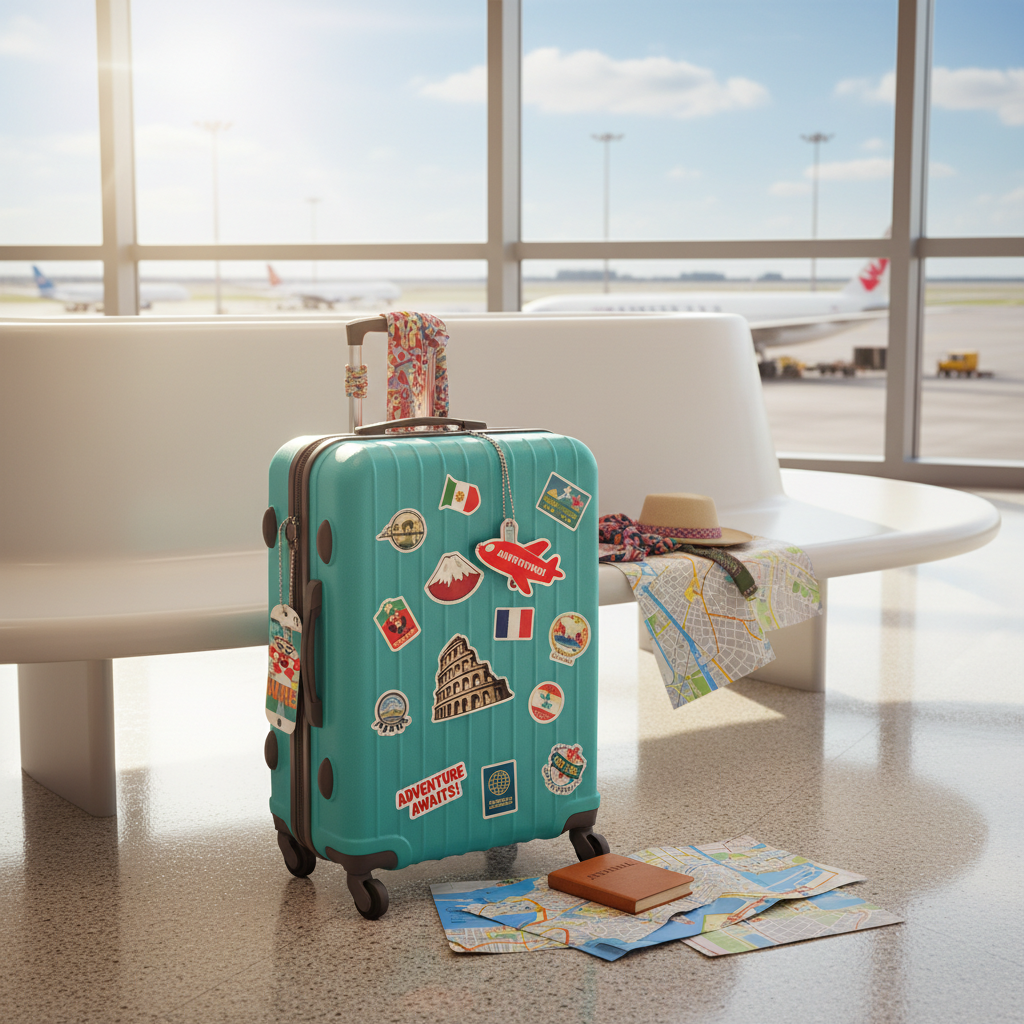 A vibrantly colored, hard-shell rolling suitcase overflowing with travel-themed stickers from various countries, positioned on a glossy, rounded airport terminal bench. The suitcase features a textured polycarbonate surface in bright teal, whimsical travel tags, and a playful luggage tag shaped like an airplane. Around it, scattered city maps and a passport-sized notebook rest on the bench’s curved edge. Daylight streams in from panoramic airport windows, casting energetic beams and lively reflections on the polished floor. The scene feels dynamic and optimistic, perfect for evoking wanderlust. Photographed from a slightly elevated angle with a rule-of-thirds composition and moderate depth of field, the style is photographic realism with bold, bright color and a playful, energetic vibe that matches a travel blog’s adventurous spirit.