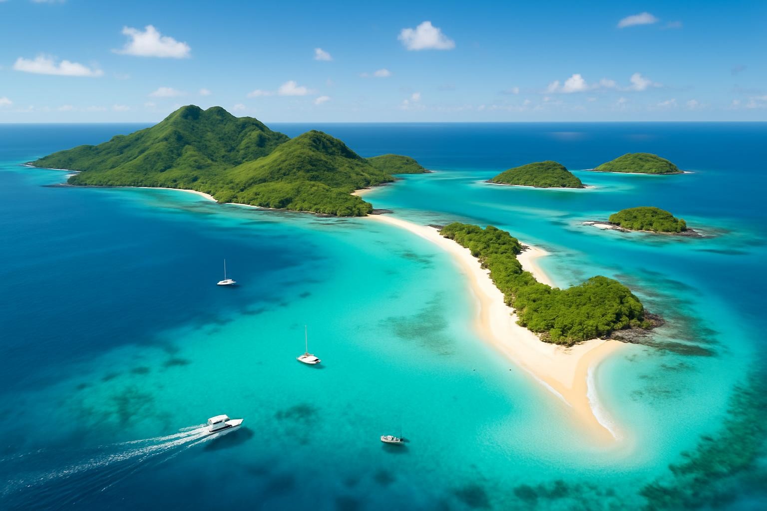 wide aerial view of tropical Fiji islands with turquoise water, white sand beaches, and boats, bright sunny travel photography
