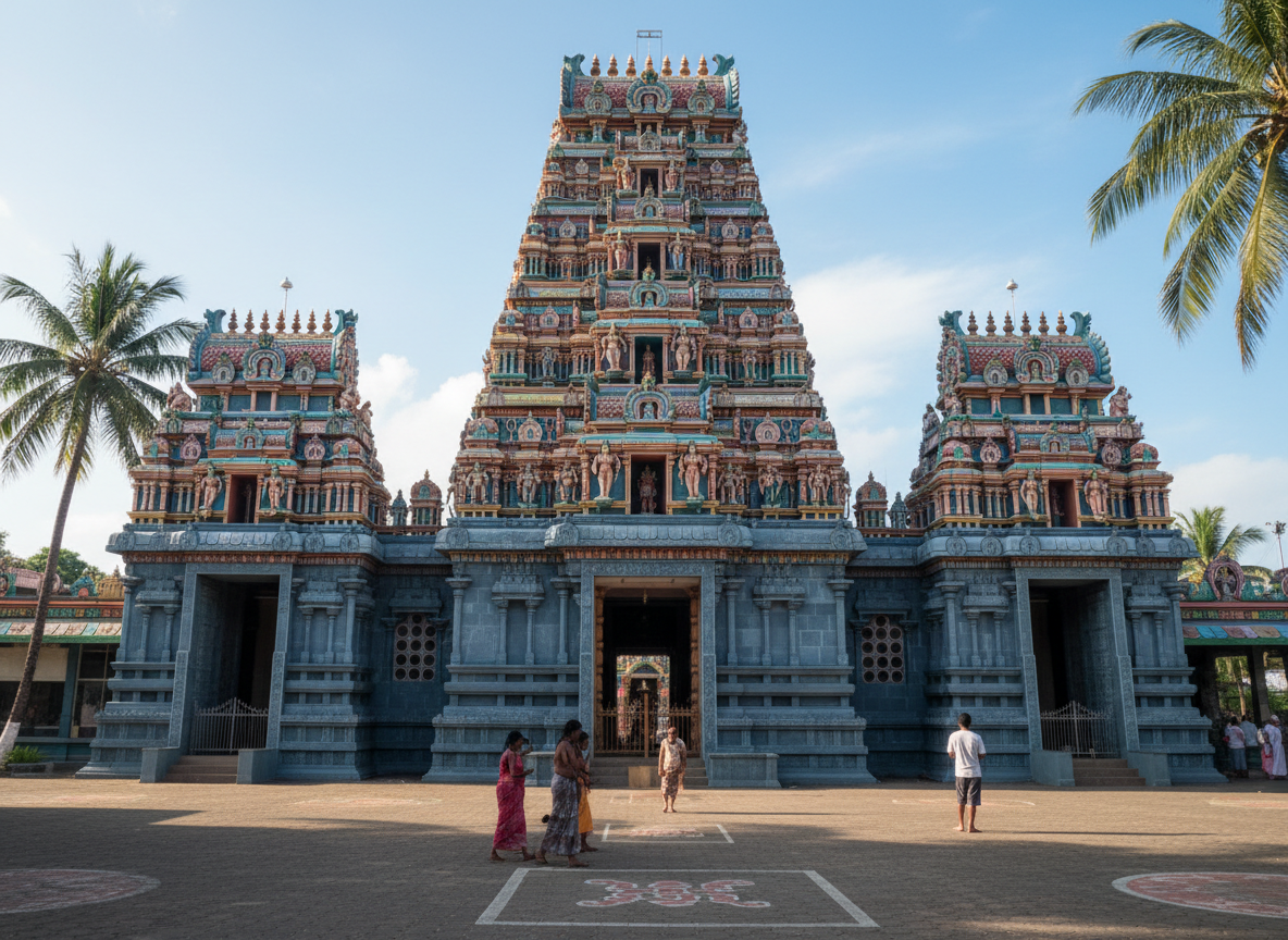 colorful Hindu temple in Nadi Fiji with intricate carvings and bright painted towers under a blue sky, cultural travel photo
