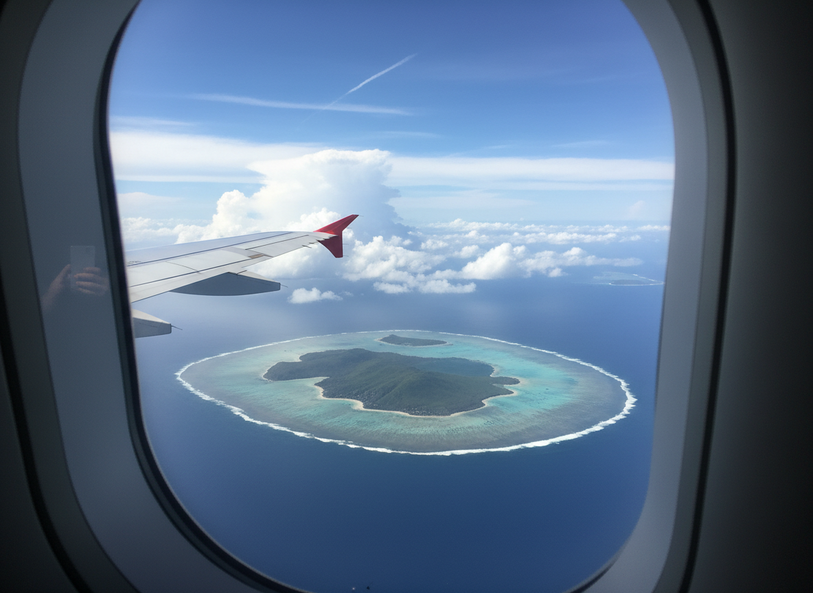 Fiji airplane window view over Pacific Ocean with scattered islands and clouds, long-haul flight travel photo
